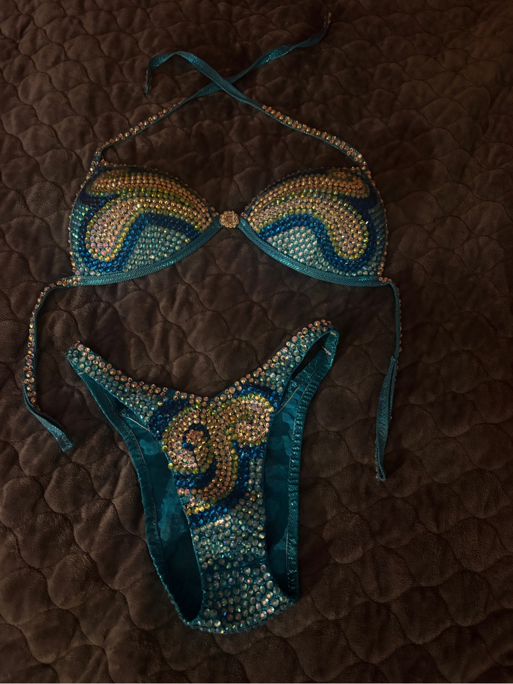 Teal Crystal Embellished Bikini Set Figure Competition Bodybuilding